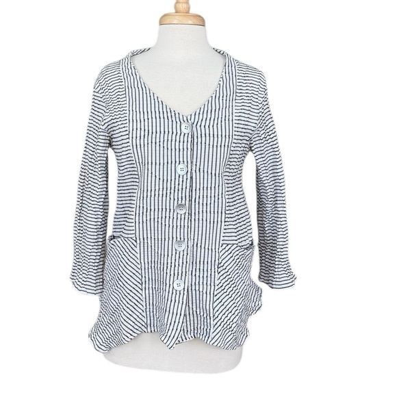 Linnea Women's Jacket White Stripped 3/4 Sleeve Textured Pocket Blazer Sz Medium - Picture 7 of 7